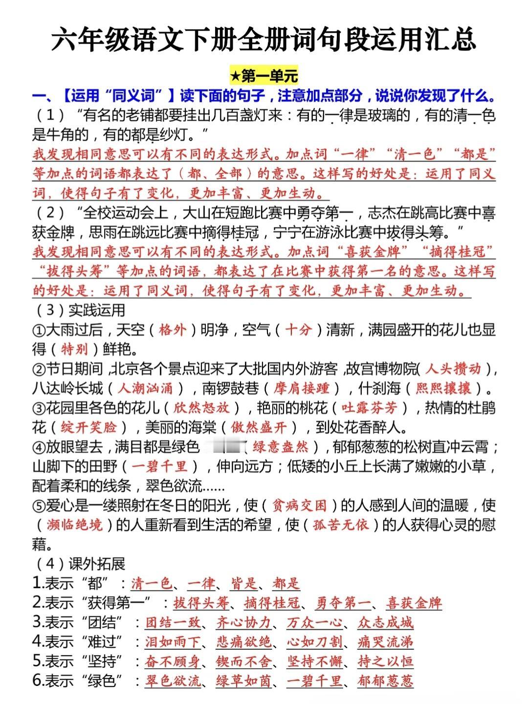 六年级下册语文，全册《语文园地》词句段运用知识点梳理，收藏备用六年级语文 语文园