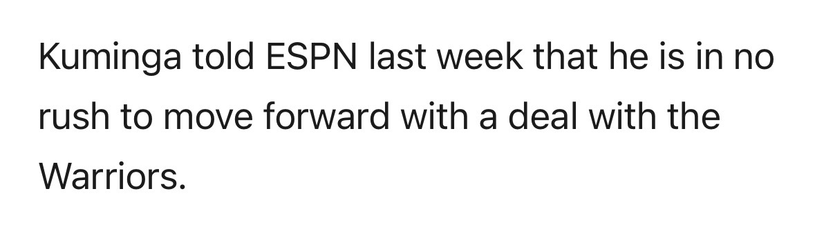 Shams：库明加上周告诉ESPN，他并不急于与勇士队达成协议。 ​​​