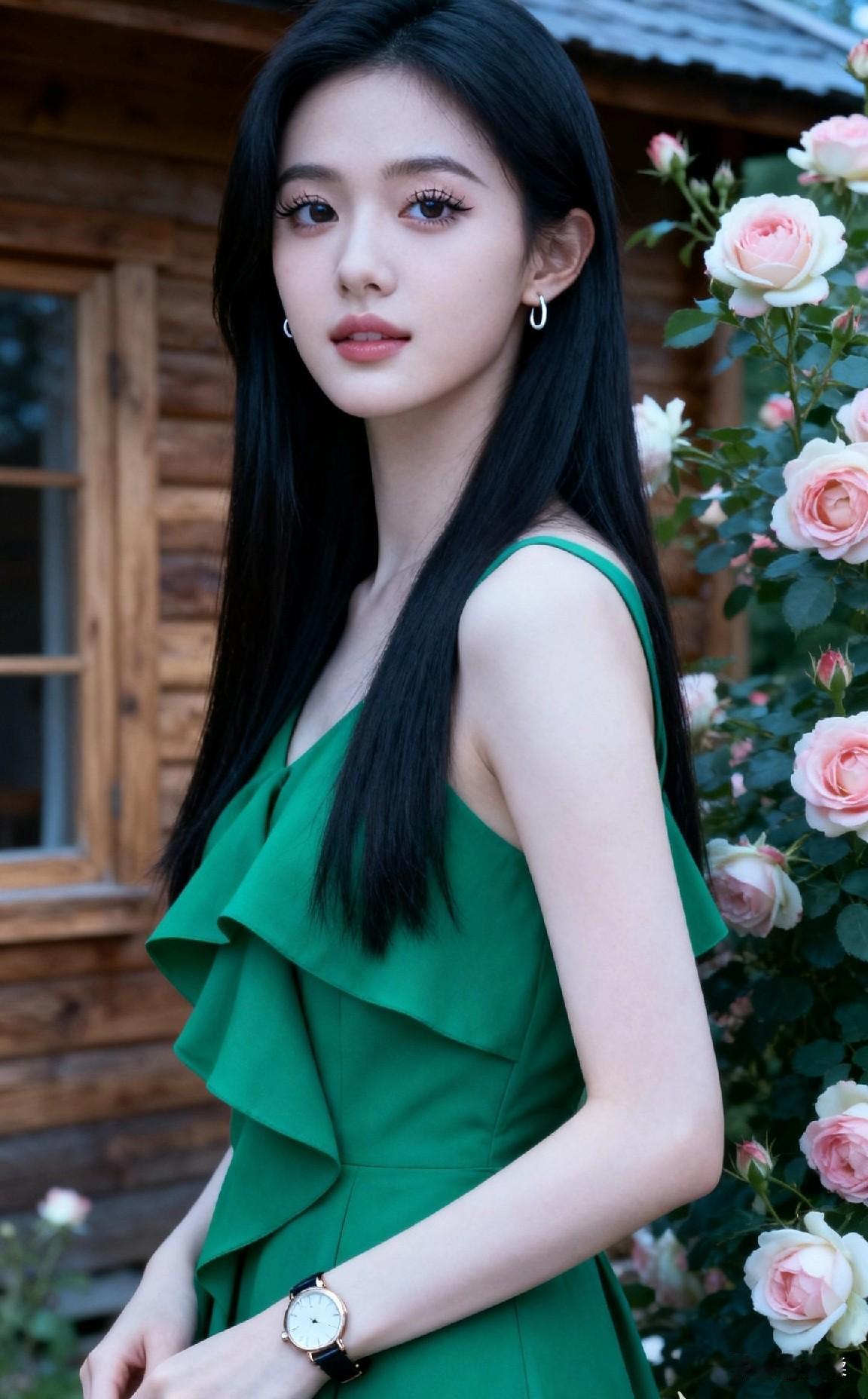 优雅绿裙少女，玫瑰旁静谧时光
