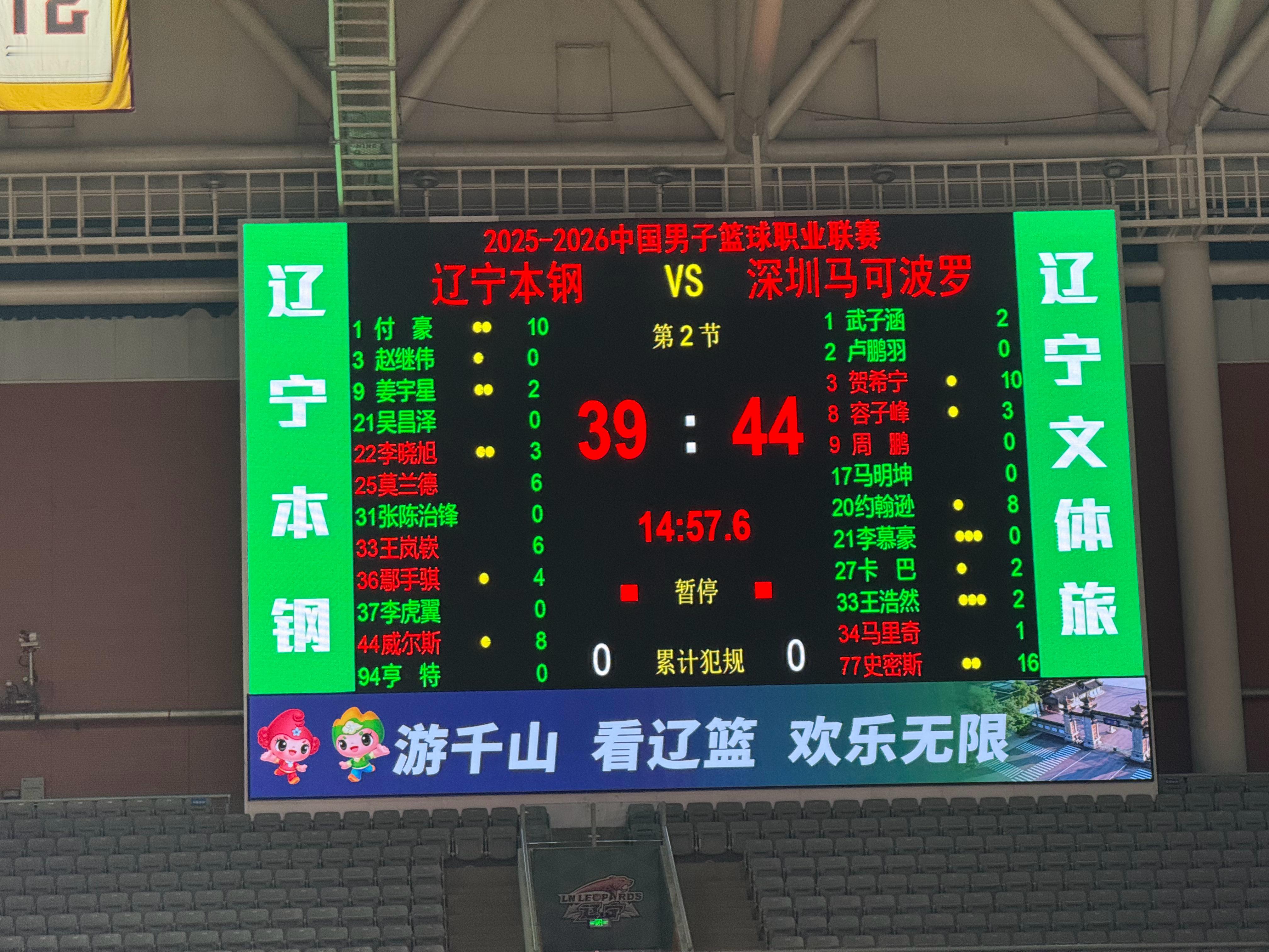 辽宁男篮vs深圳男篮半场比分，辽宁39-44深圳，赵继伟不在场上就是两支球队，辽