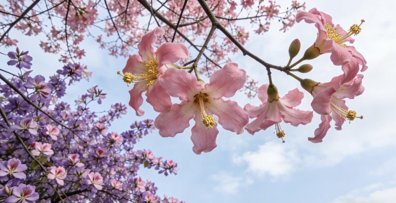 走在柳州街头，突然被漫天粉色击中——不是春天，是深冬十二月。异木棉和紫荆花商量好