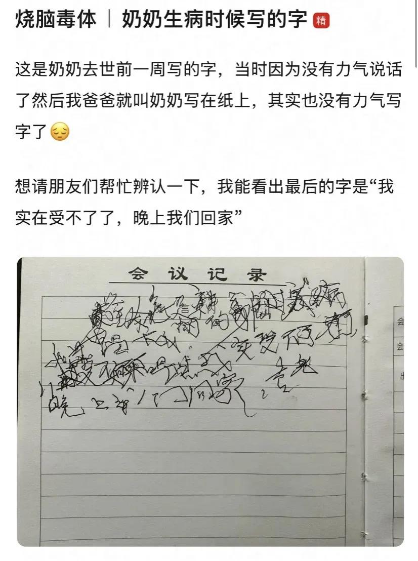 求助者(网友): 去世前一周，奶奶用尽力气写了四、五行字，笔画扭曲、行列交叠。其