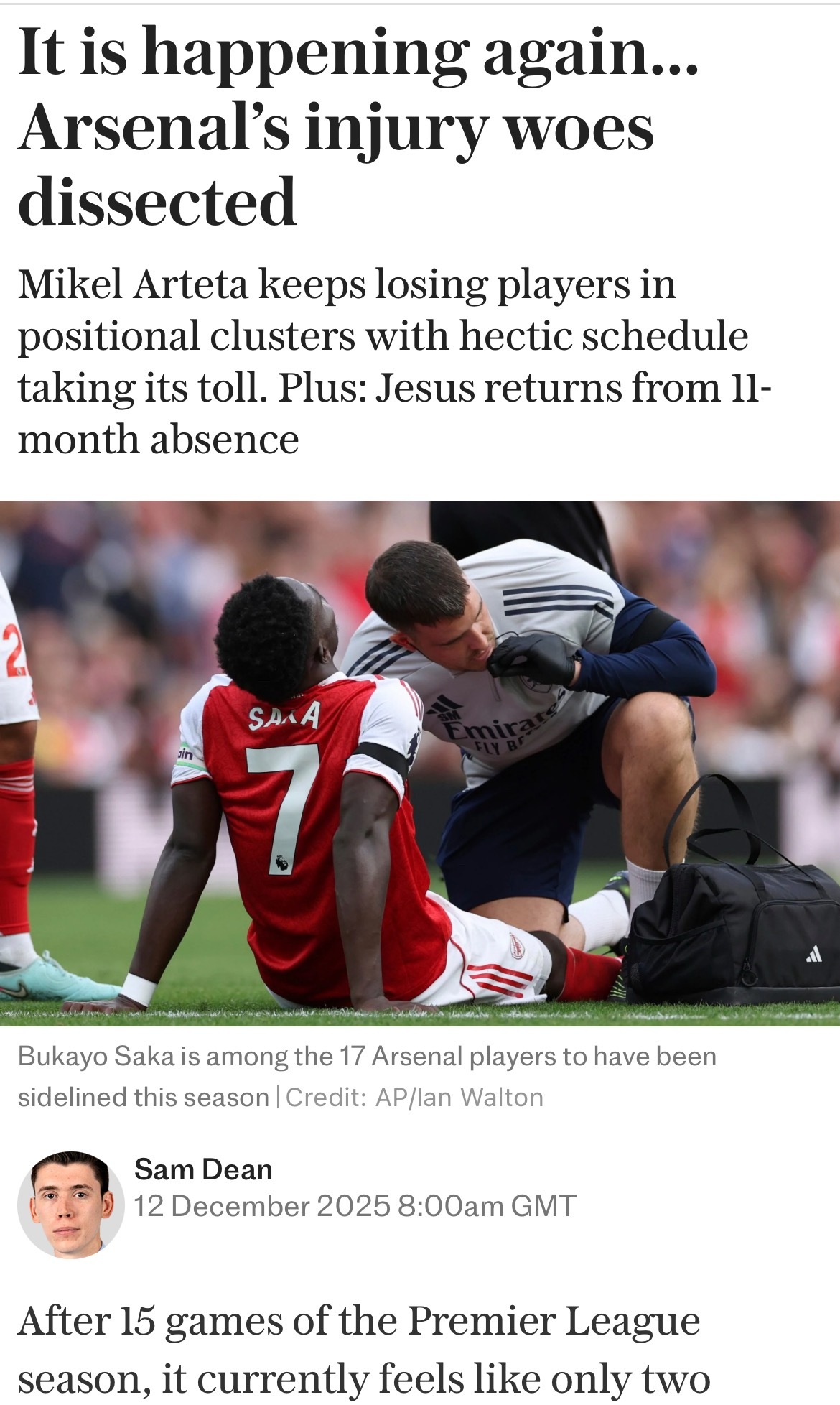 每日电讯报Sam Dean独家：深度剖析阿森纳伤病危机，热苏斯终迎回归曙光英超赛