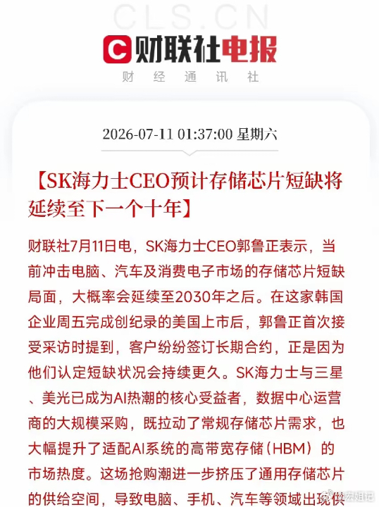 凌晨一点，一段来自SK海力士CEO的采访，像一盆冷水，又像一剂强心针，打在了近期