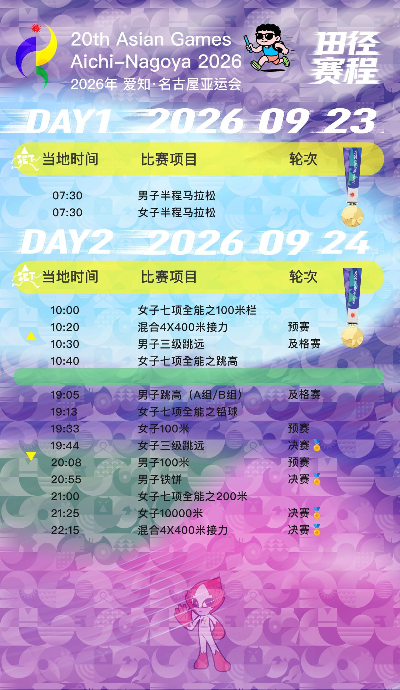 9月19日名古屋亚运会 开幕！
田径比赛将于9月23-29日，在名古屋瑞穗体育场