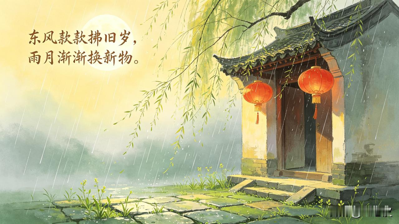 上联：东风款款拂旧岁
下联：雨月渐渐换新物