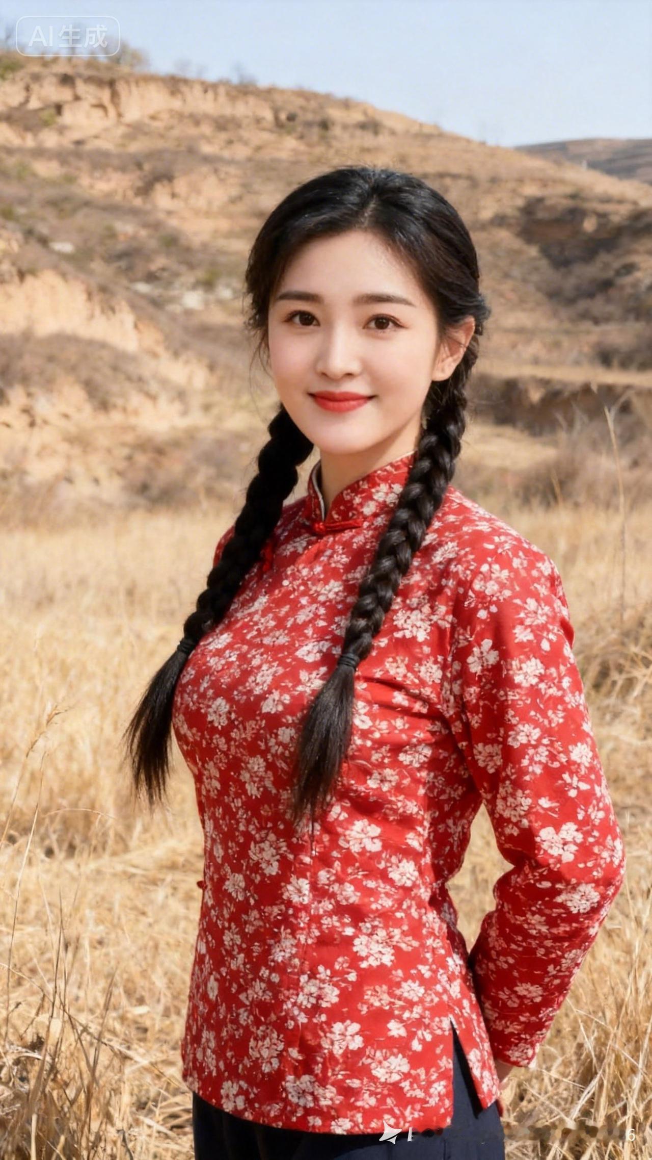 这姑娘在野地里扎着麻花辫，穿红花衣。