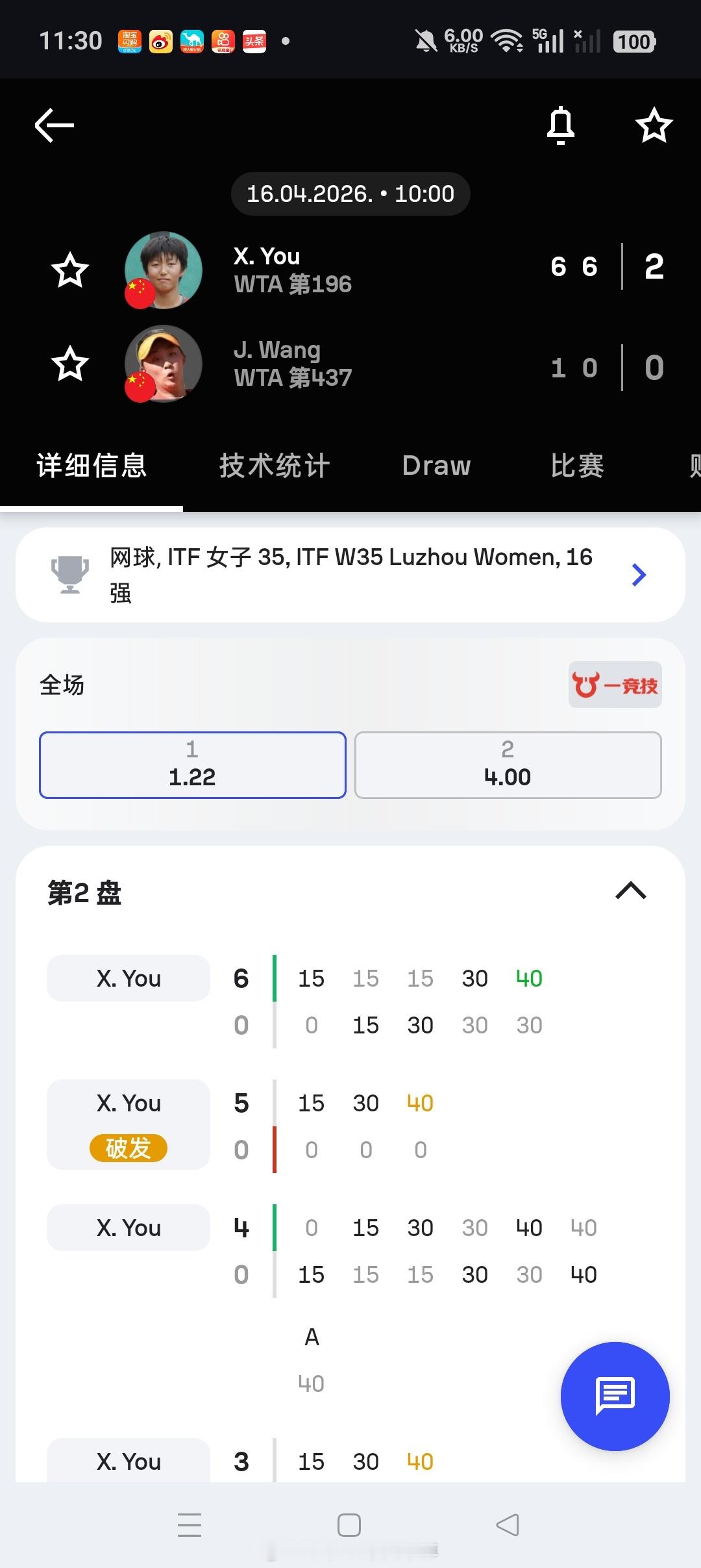 小花小草资讯  【泸州W35】女单正赛第二轮头号种子🇨🇳尤晓迪6-06-1横