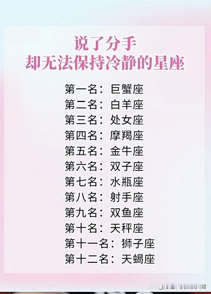 分手后最难冷静的星座
分手后，有些星座真的很难冷静。
双鱼座感情细腻，爱幻想，习