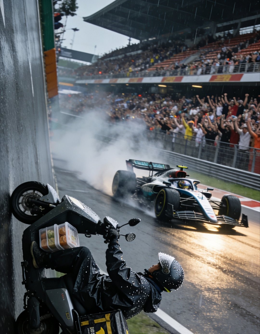 这画面真有爱！一边是风驰电掣的职业赛车，一边是穿梭大街小巷的小哥，两种速度同框了