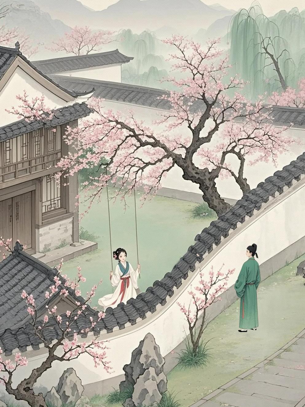 赏读苏轼《蝶恋花·春景》宋

花褪残红青杏小。
燕子飞时，绿水人家绕。
枝上柳绵