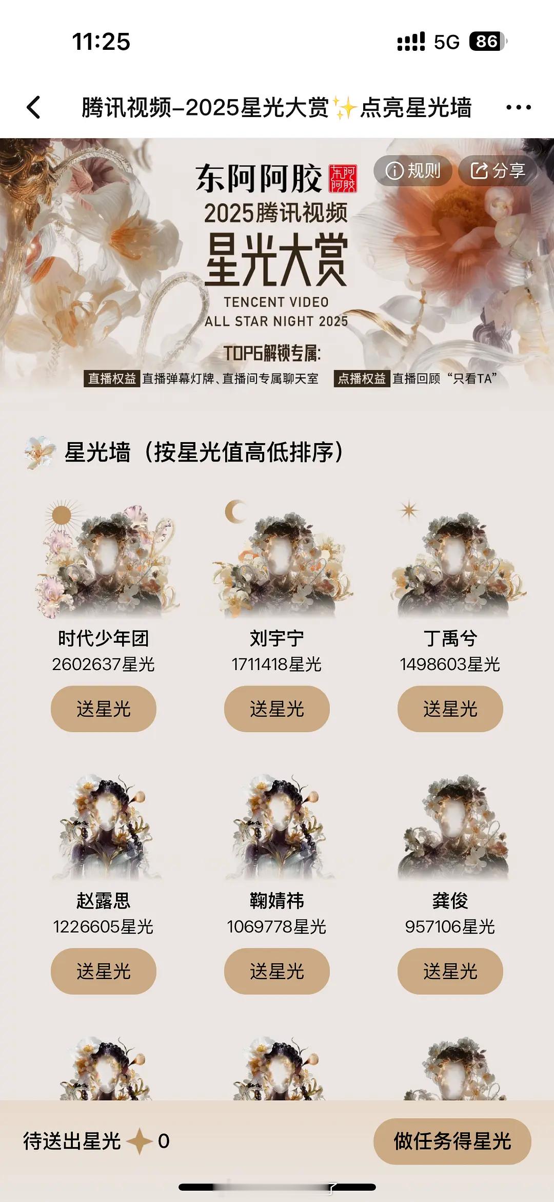 鹅的星光墙，时团已经断层第一了。前六分别是：时团、刘宇宁、丁禹兮、赵露思、鞠婧祎