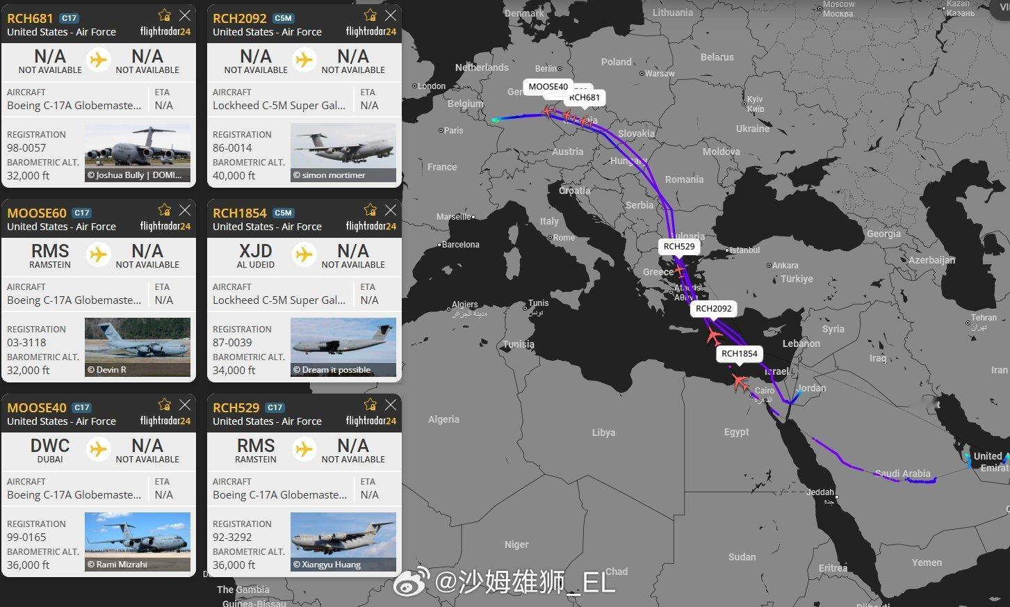 大批美军C-17战略运输机从中东地区飞往英国，具体原因不明。 