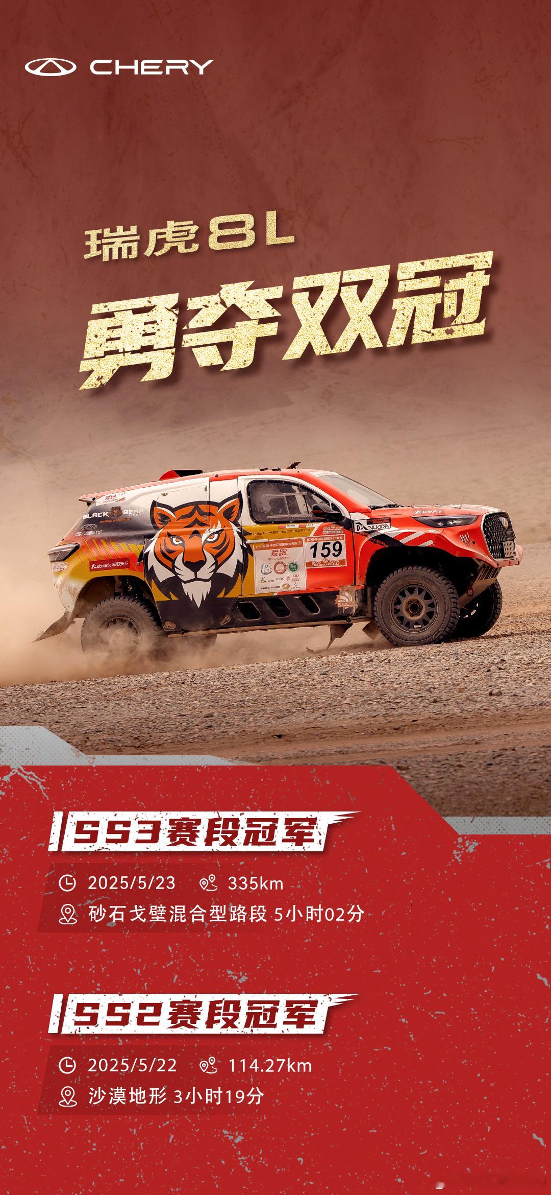 瑞虎8L 勇夺双冠奇瑞瑞虎8L荣获SS2、SS3赛段冠军全地形无惧砂石、戈壁、极