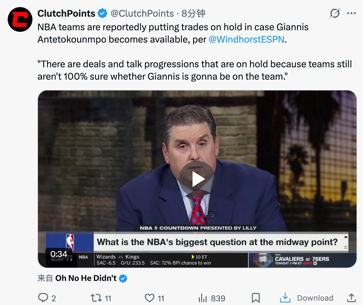 文霍斯特说各支球队都在观望，以防字母哥可以被交易 