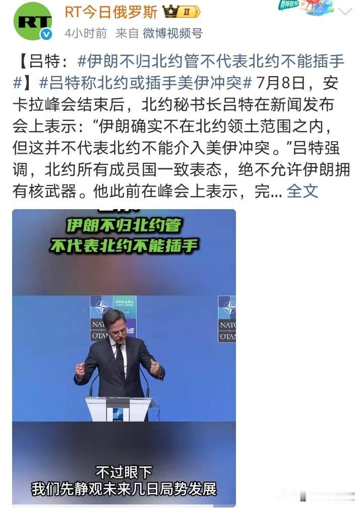 北约吕特：“伊朗确实不在北约领土范围之内，但这并不代表北约不能介入美伊冲突。”