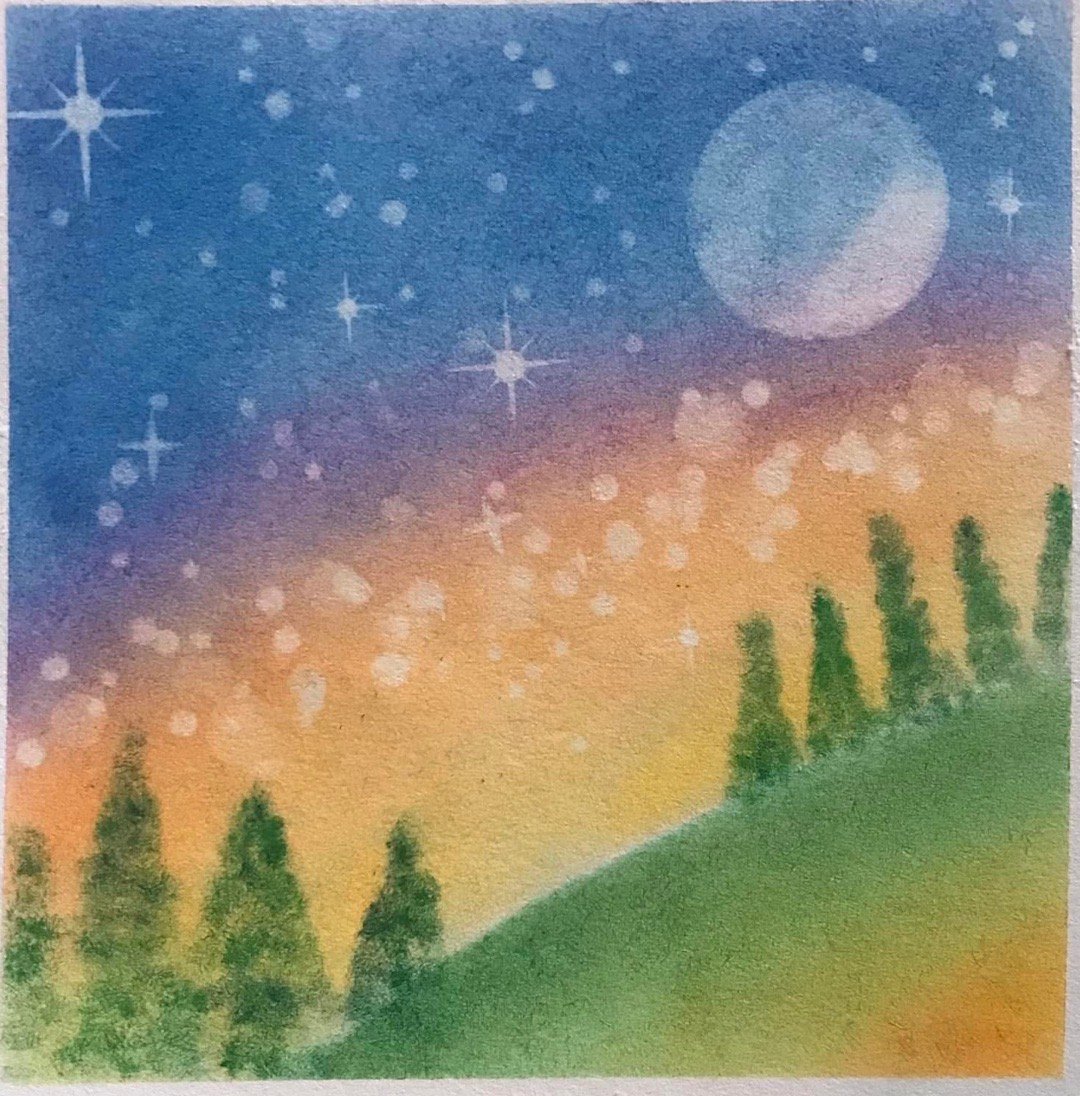 養娃日記47今天心情有些blue，這幅是夜之森，藍色天空🌌，黑暗中帶著點點星光