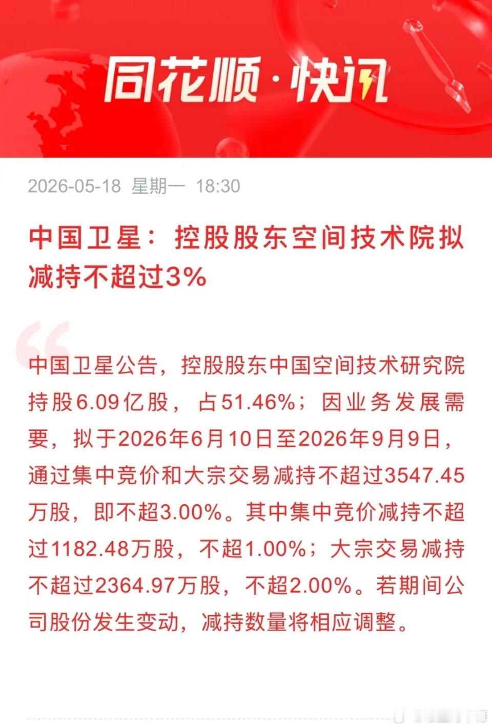 中国卫星的这份减持公告，我是很支持的。         一个年利润仅仅几千万的公