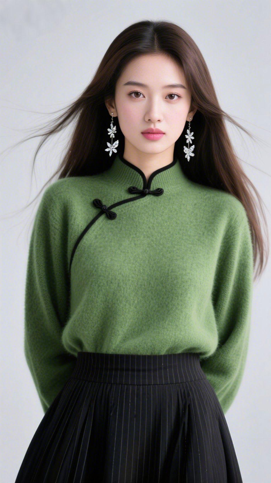 《青衫里的中式柔》
 
素净背景中，风掠过发梢，连那抹绒绿都浸了软意。
 
青衫