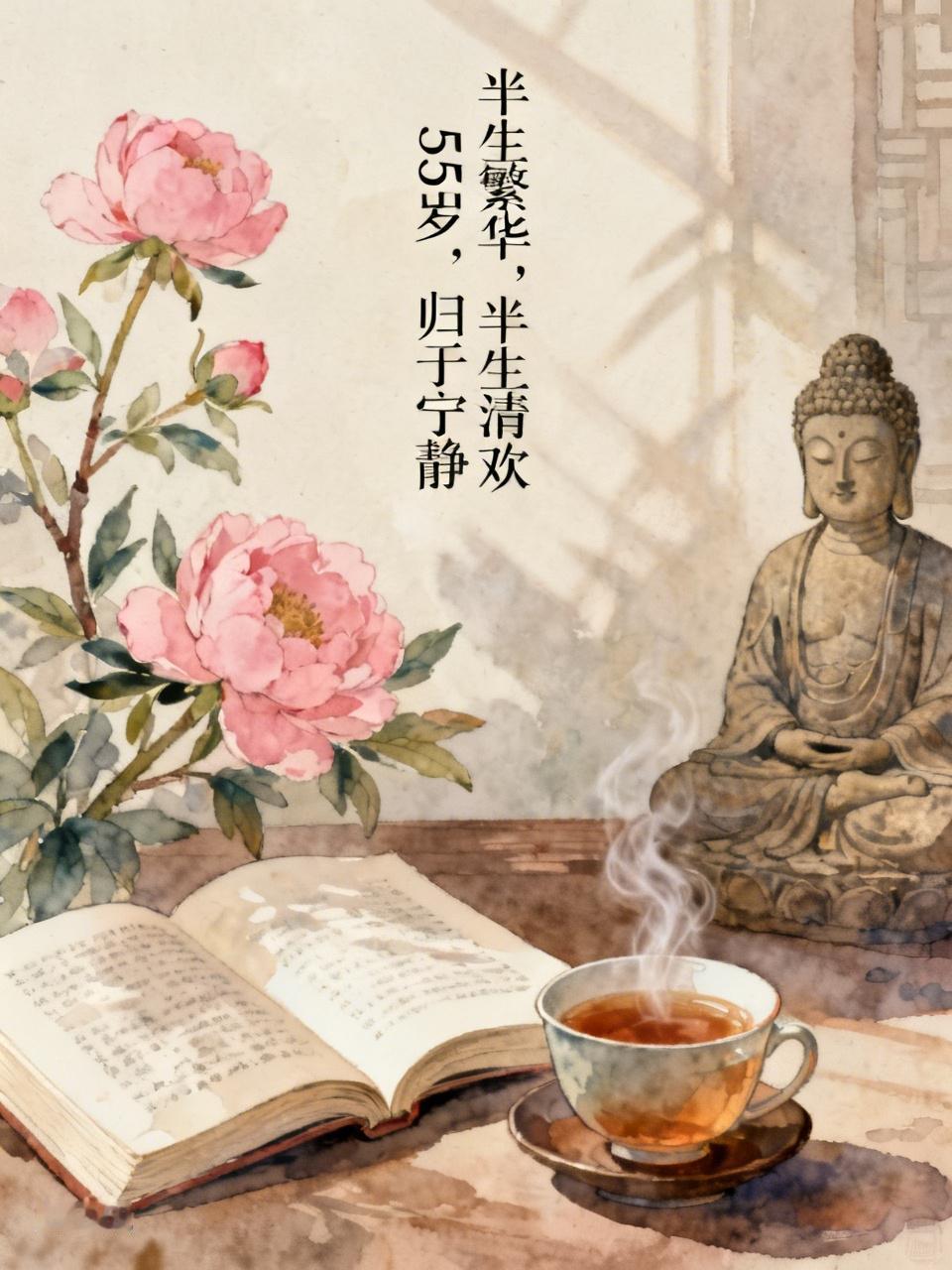 半生繁华，半生清欢。
55岁，归于宁静，
以花为伴，以书为友，以茶静心，以修行安