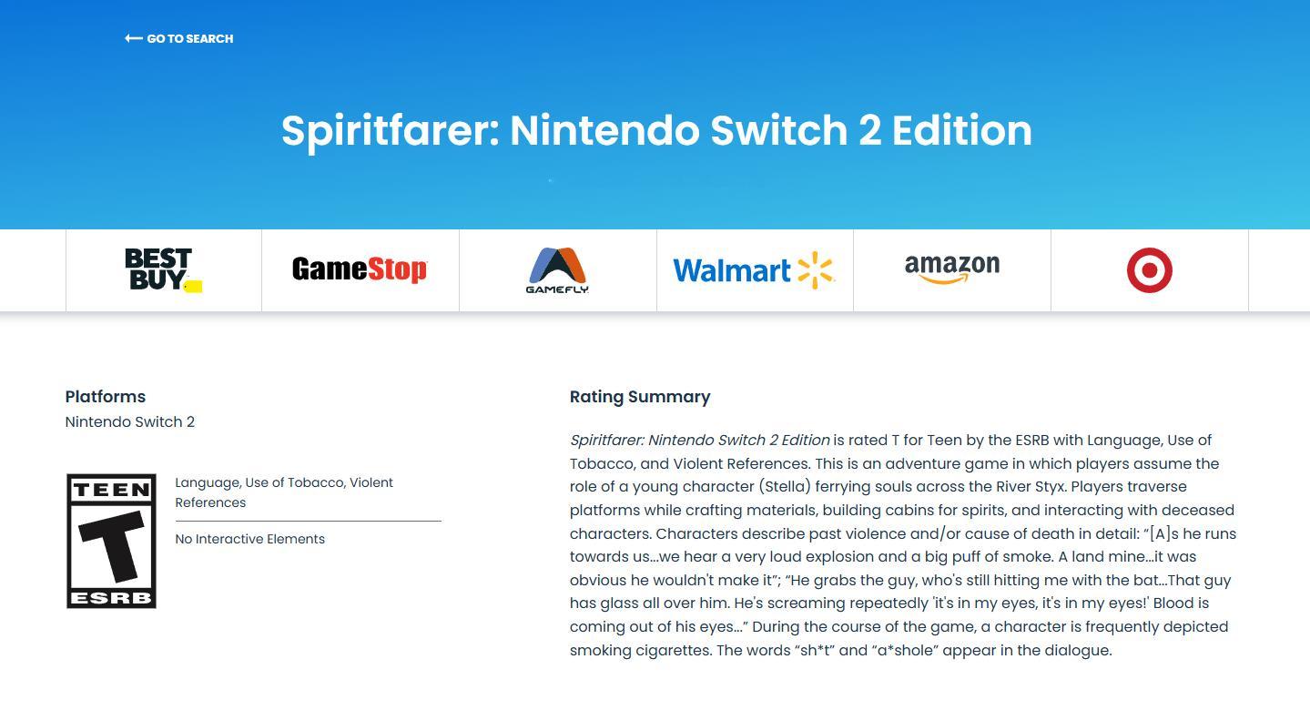 《灵魂旅人 Nintendo Switch 2 Edition》现已通过ESRB