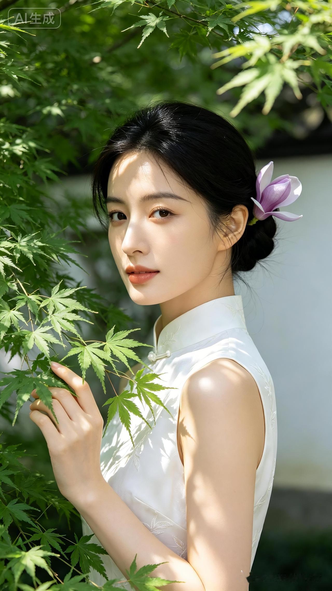 温婉东方女子着暗纹刺绣白无袖改良旗袍，盘发簪淡紫玉兰花。立于青枫园林，指尖抚叶，