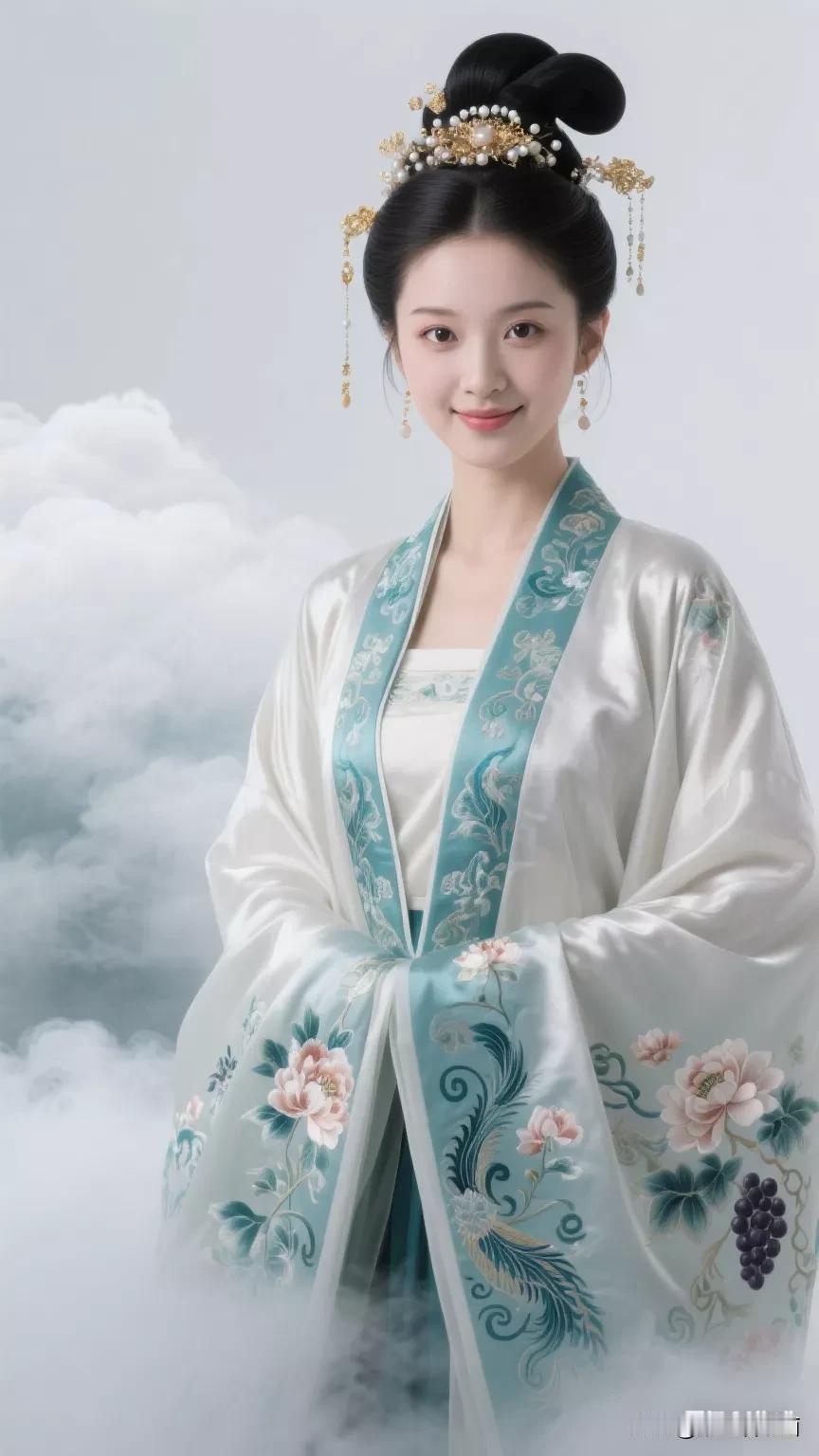 穿越时空的古典美人，云雾缭绕中的优雅姿态。张立启原创书画AI作品古仕女发髻集锦首