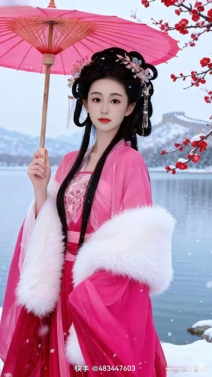 雪中仙子，粉衣红伞，古风韵味十足