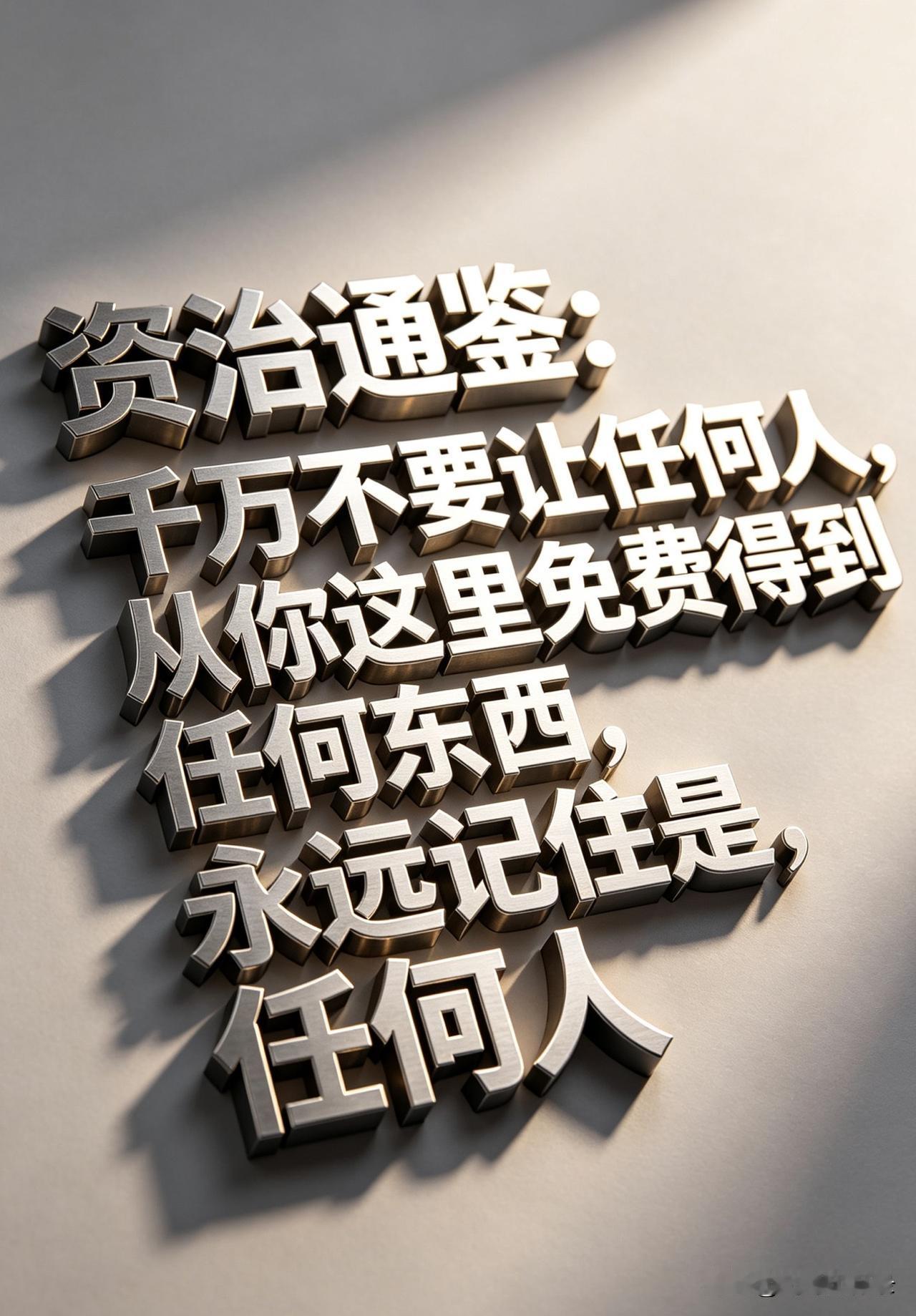 《资治通鉴》：千万不要让任何人，从你这里免费得到任何东西，

永远记住是：

任