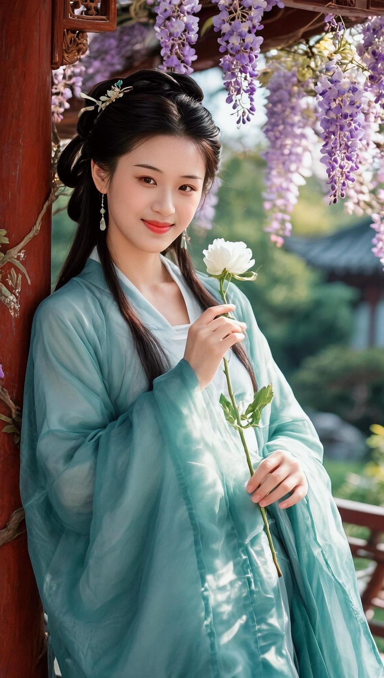 在古风的画卷中，一袭青衣如诗般静立，仿佛穿越千年时光。手中的花，是岁月的低语，也