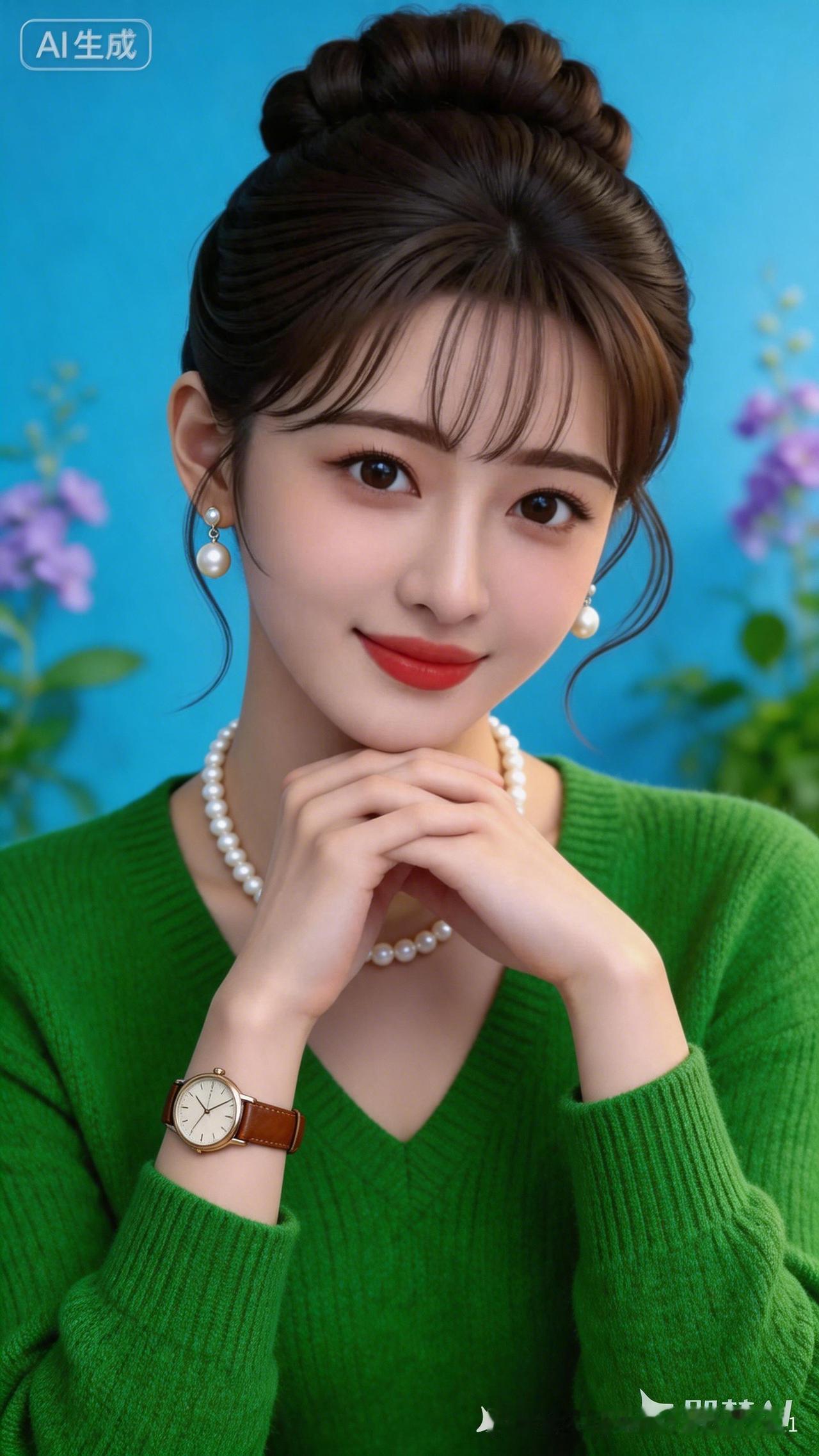 温婉知性女子，精致黑色盘发，点缀珍珠耳饰与项链，身着温柔绿色V领毛衣，腕间棕色表