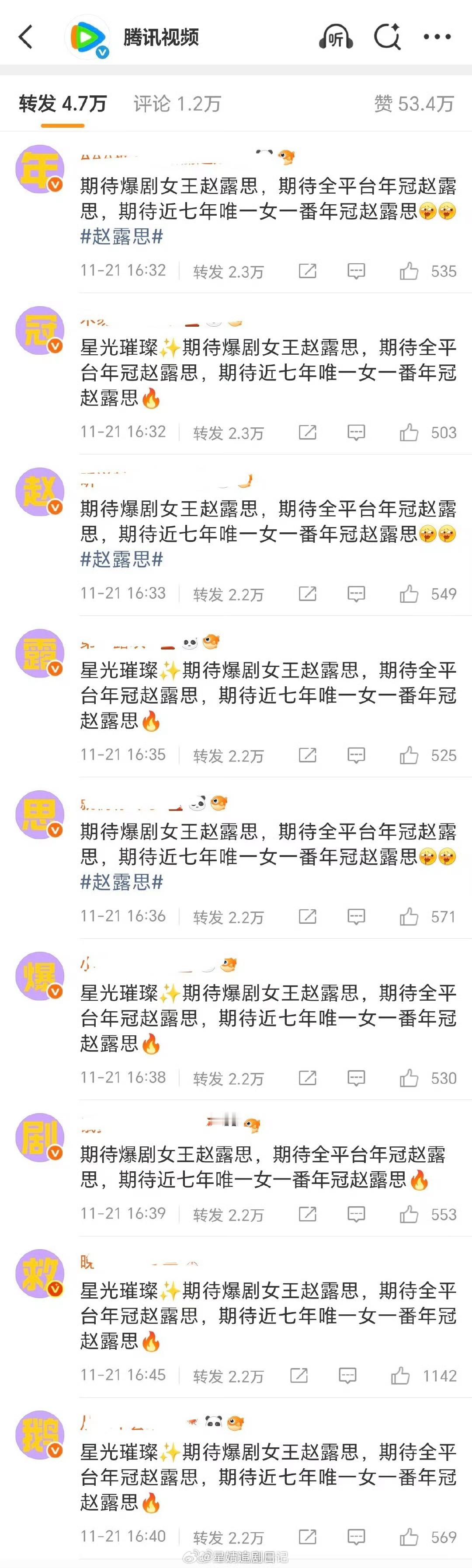 赵露思粉丝在鹅的官博下面排字：年冠赵露思爆剧救鹅。同意吗？ 