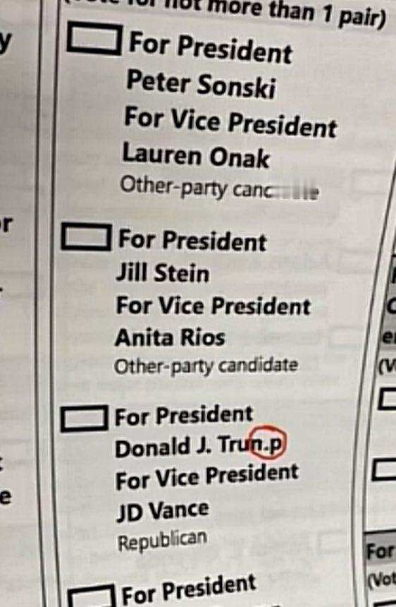 俄亥俄州的选票上显示特朗普的名字拼写错误——“Trun.p”。