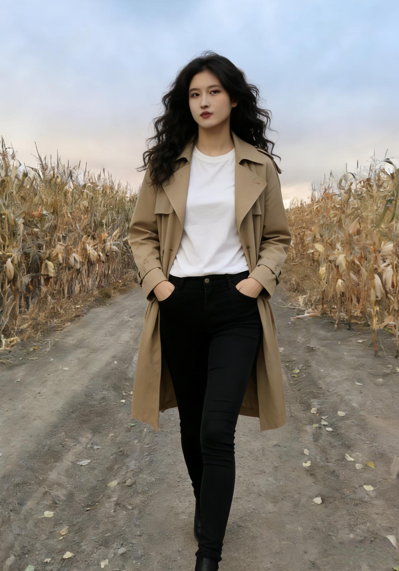 她把手插进口袋，握住整个秋的苍茫
玉米杆站成沉默的仪仗
夕阳在她身后，把影子拉长