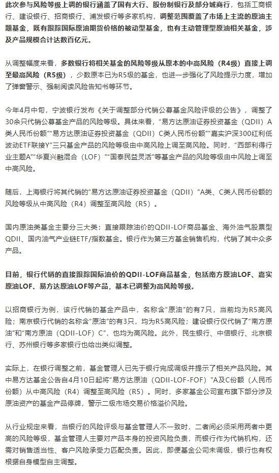 【多只原油基金风险等级调至最高】原油价格上蹿下跳，银行也被迫出手了。由于美以伊冲