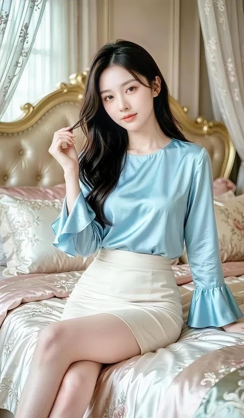 《浅蓝晨曲》

浅蓝丝缎，晕染晨光的清透，

喇叭袖口，轻挽微风的温柔。

米白