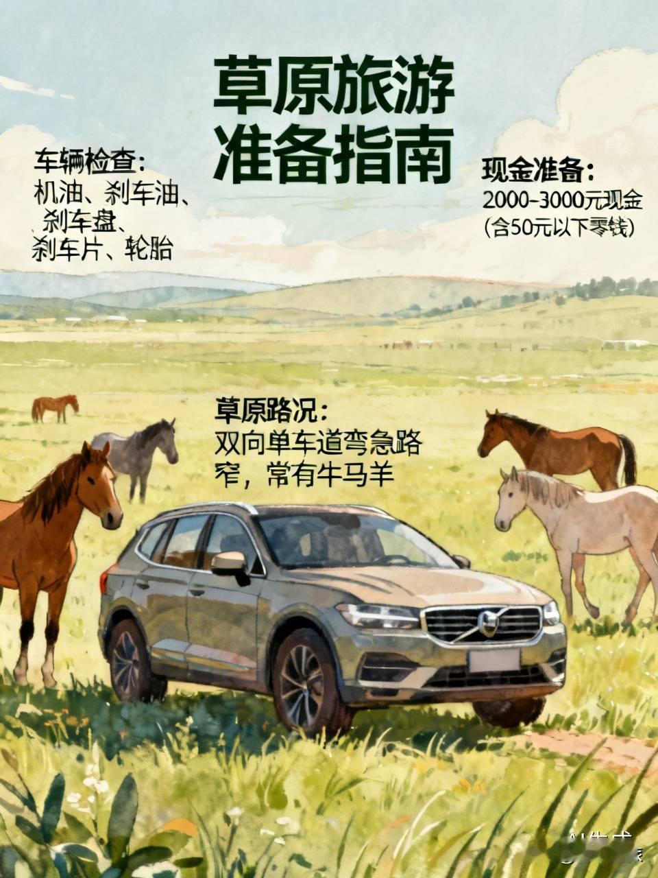 去草原旅游，准备工作可不少。
先看看车辆情况，自驾去草原，得检查机油、刹车油等油