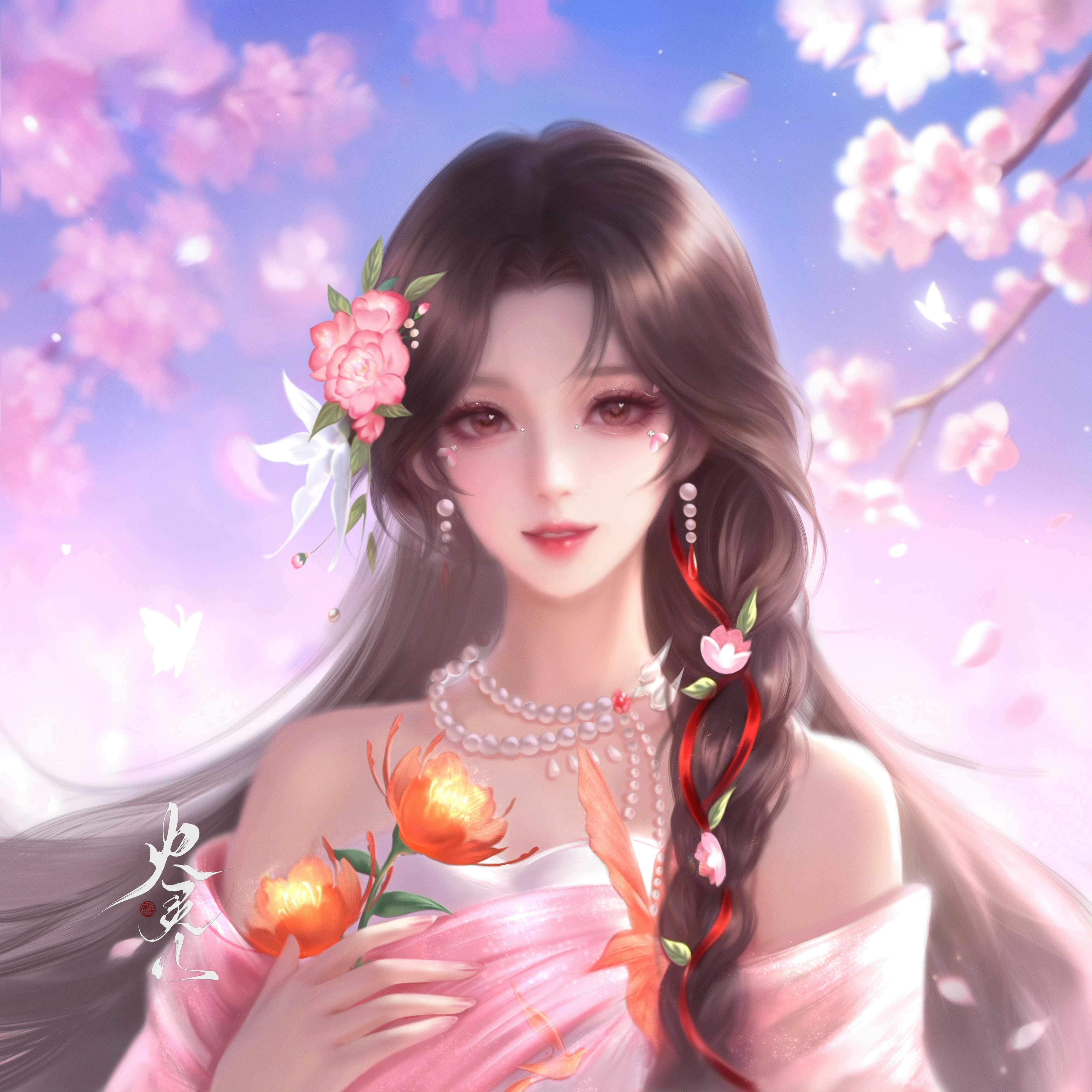 芒种限定的绝美火灵儿🌸粉裙灵儿携暖蕊踏夏而来🍃簪花挽辫手捧暖橙花，氛围感直接