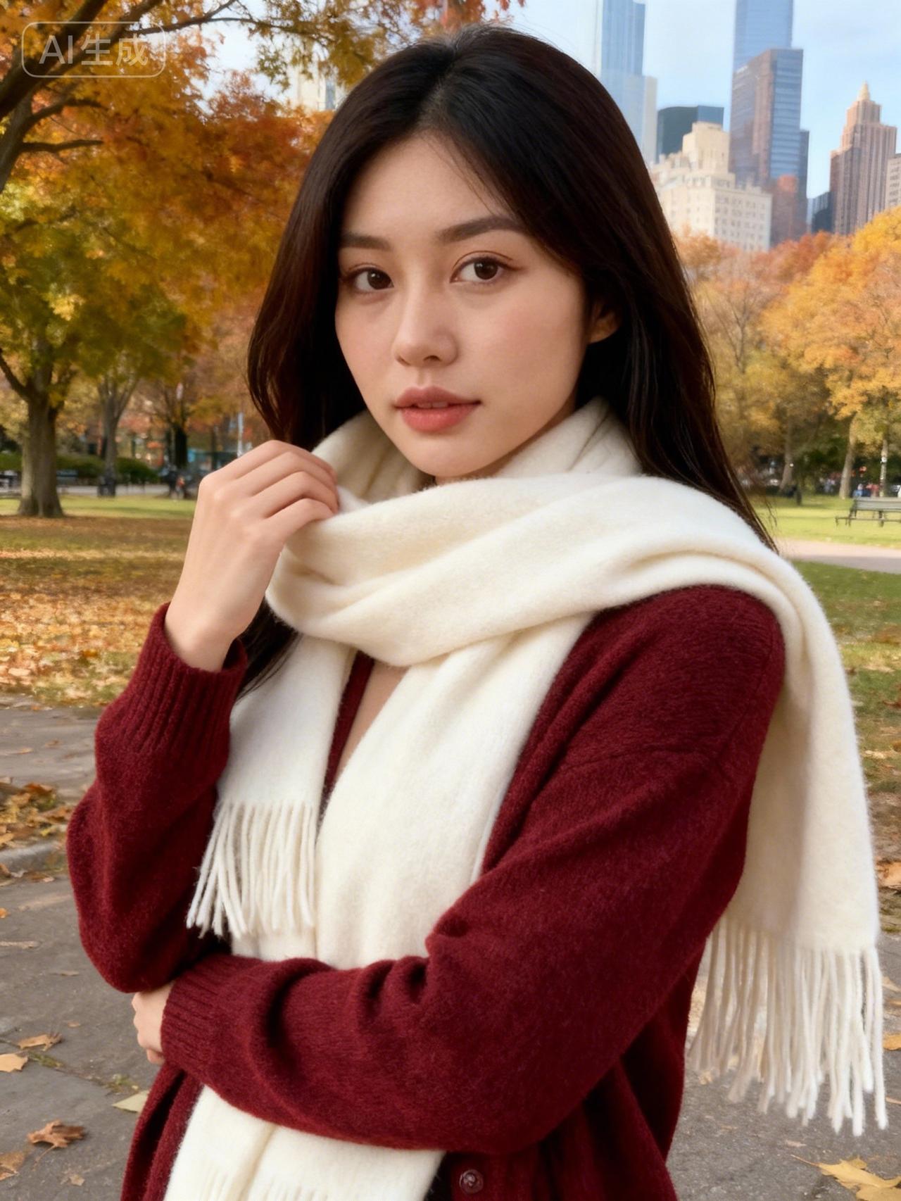 秋日暖阳下，红衣美女与白围巾的浪漫邂逅。