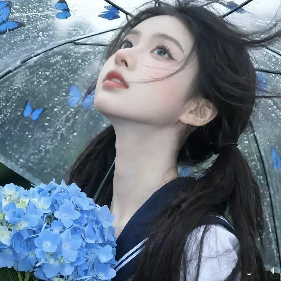 雨碎青伞落星霜，
​蝶随云色吻蓝裳。
​花团轻裹春潮意，
​抬眼风揉鬓角香。