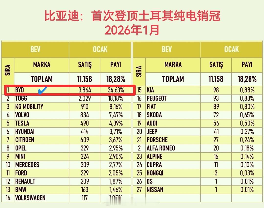 纯电首夺冠！比亚迪以新的记录在土耳其开启2026新篇章！2026年1月，比亚迪土