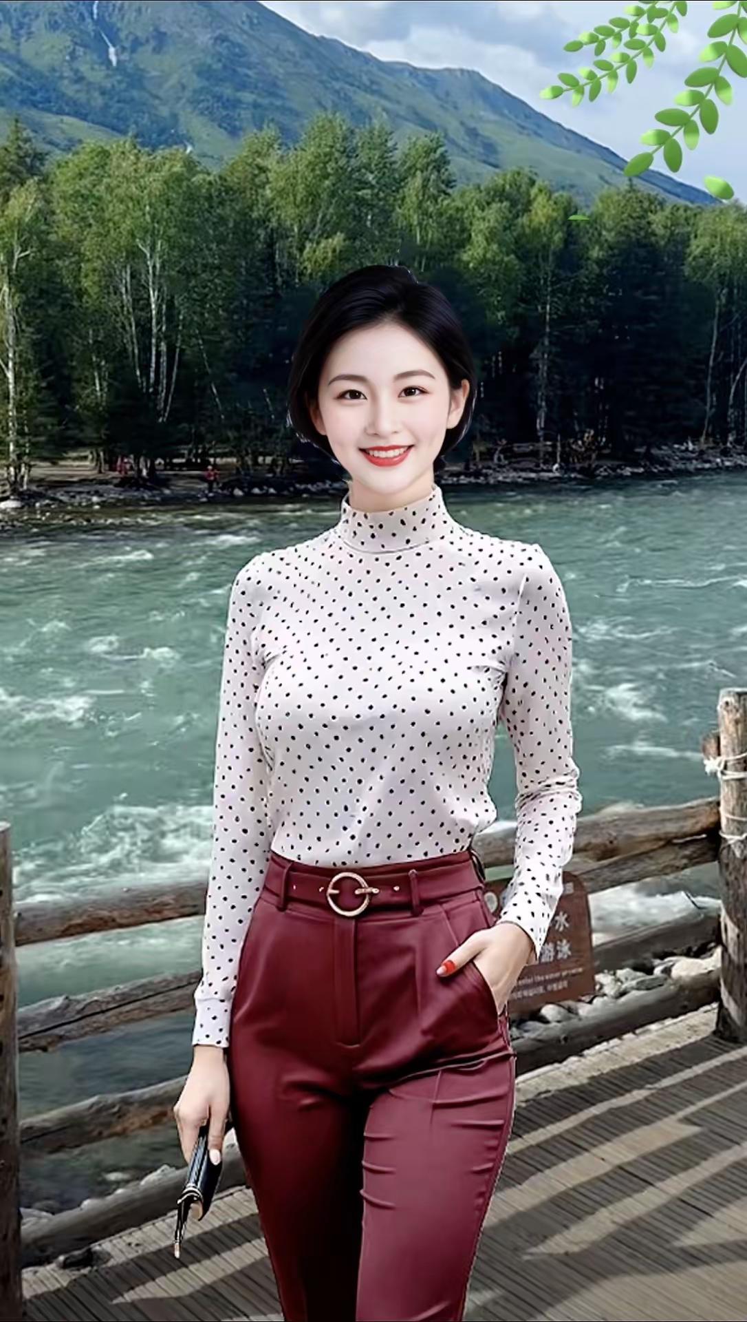在山间小溪边，优雅的穿搭与自然美景相得益彰。