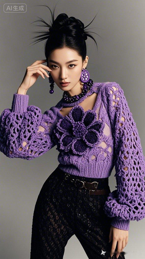 紫色针织衫搭配黑色蕾丝裤，时尚又有个性！