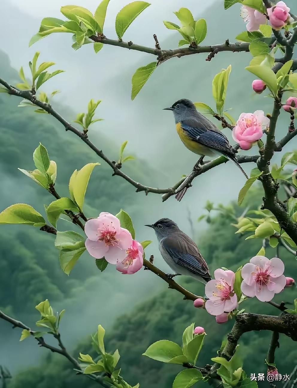 春风拂槛花初绽，
夏雨浇荷箭可观。
横批：《花初绽雨箭可观》