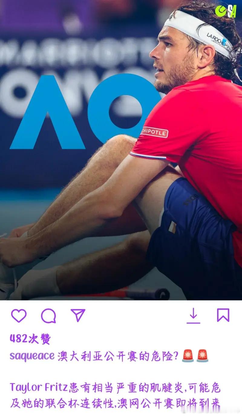 弗里茨，严重肌腱炎？德雷珀,菲斯退赛后，辛纳阿尔卡拉斯在AO又要缺少一个竞争对手