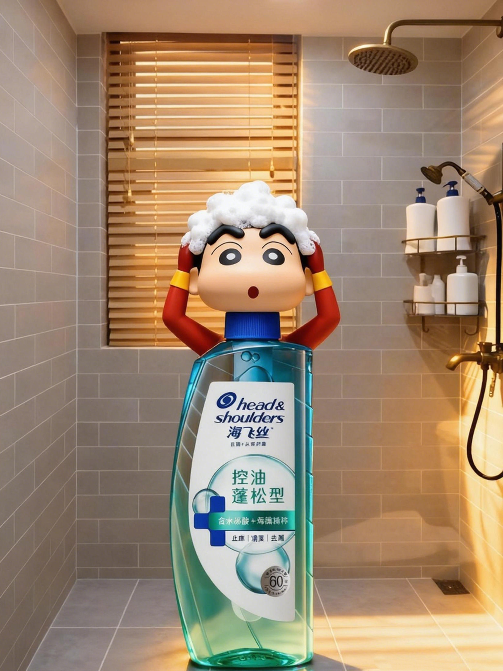 洗头发油慢的小方法海飞丝蜡笔小新 海飞丝控油蓬松型洗发水搭配干发帽，清爽控油，让