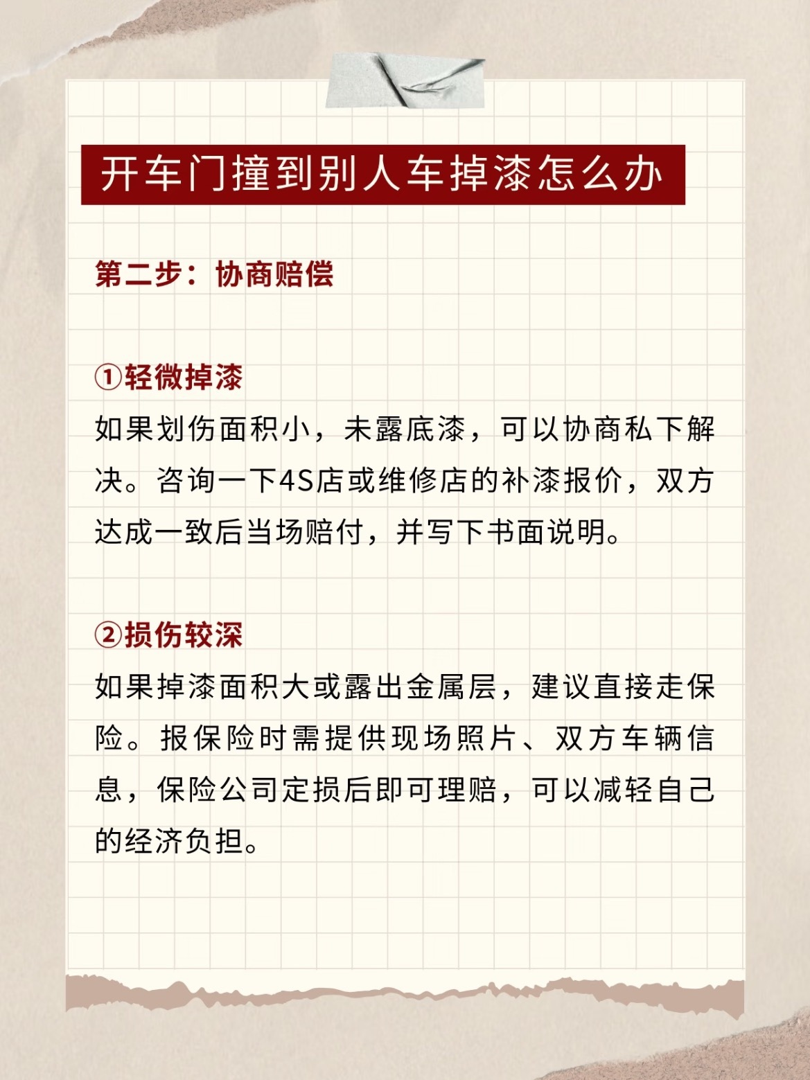 停车开门没注意，“咚” 一声把旁边车蹭掉漆了…别慌！按这几步来，既体面又省心👇