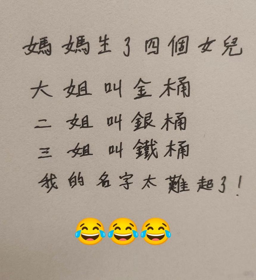 这妈妈生了四个女儿。大姐叫金桶，二姐叫银桶，三姐叫铁桶。你们觉得四妹会叫什么呢？