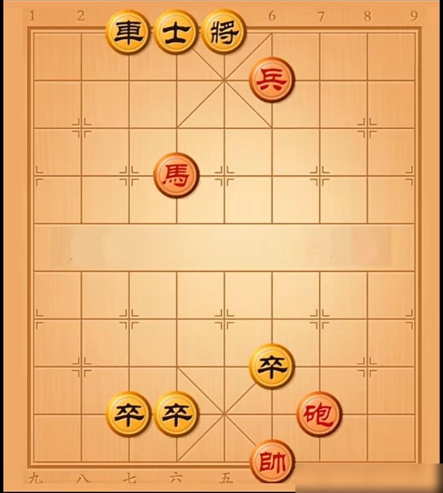 三个黑卒死死咬住红帅咽喉，旁边还横着一辆黑车随时碾压。红方老头抓起大炮往四路线重