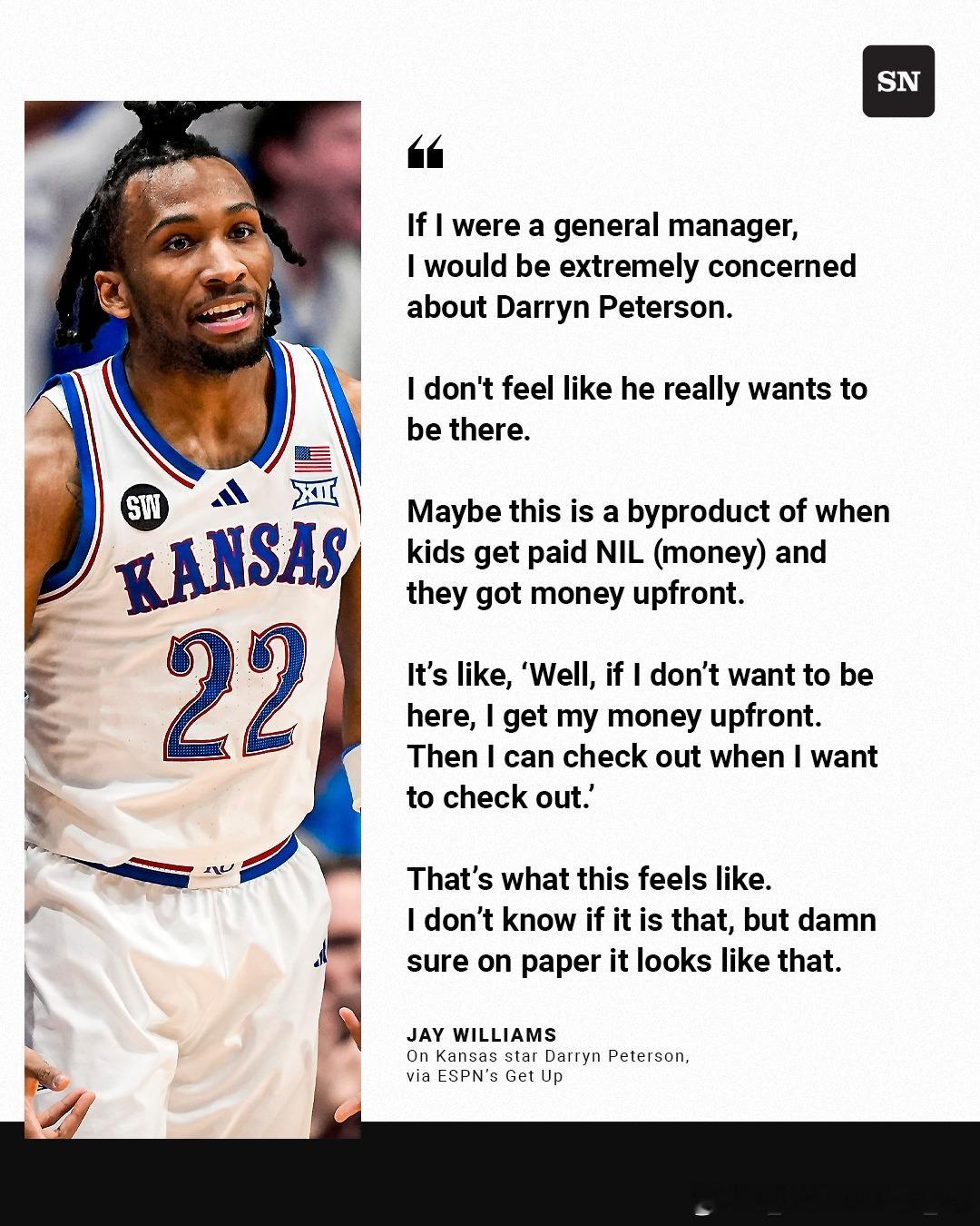 前杜克大学球星、2002年NBA选秀榜眼杰伊·威廉姆斯对用状元签选择彼得森提出质